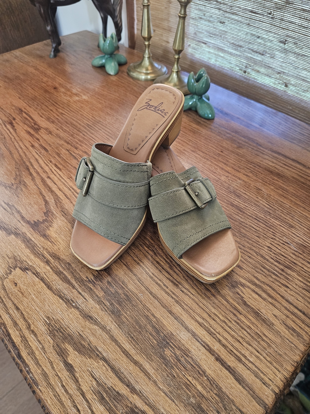 Zodiac Suede Buckle Slide Sandals Olive Green Block Heel Mules - 7.5